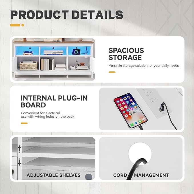 YITAHOME TV Stand for 65 Inch TVs, Entertainment Center with Storage Cabinets, Power Outlet & LED Light, Media Console Living Room Furniture, White & Walnut