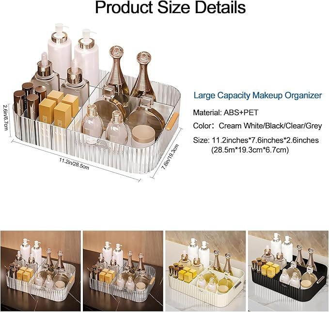 DASITON Large Capacity Makeup Organizer,12 Slots Makeup Brush Holder,Makeup Storage with Handle,Vintage Striped Cosmetic Organizer for Bathroom Countertops,Desk Storage Container(Clear)