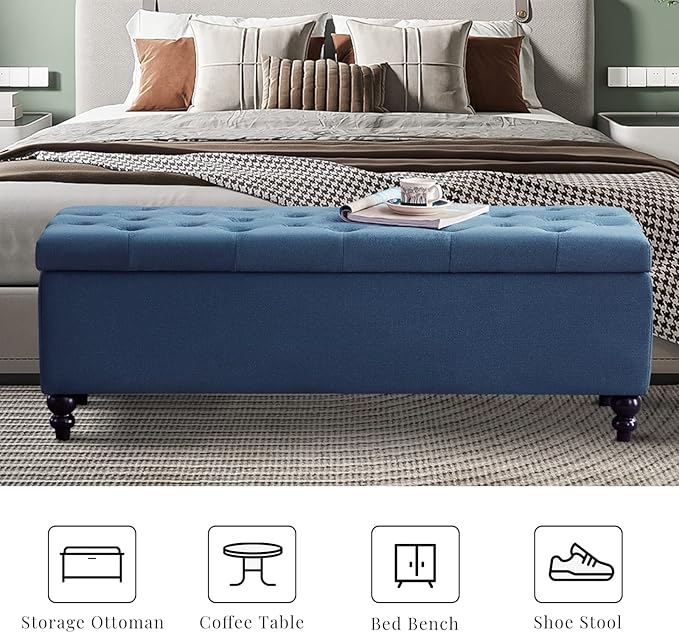 Storage Ottoman 50.2 Inches Upholstered Fabric Storage Ottoman Bench，Button Tufted Ottoman with Storage for Living Room (Blue-TP)