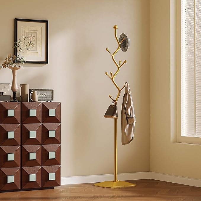 Coat Rack Freestanding gold Coat Tree with 8 Hooks, Creative Design Tree Branch-look, Standing Coat Rack Coat Hanger Stand with Stury cast iron Base for Entryway, Hallway, Bedroom (gold)