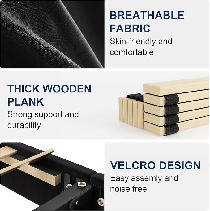 King Bed Frame with Headboard and Wingback, Velvet Upholstered Platform Bed, Mattress Foundation with Wooden Slat Support, No Box Spring Needed, Easy Assembly, Noise Free, Black