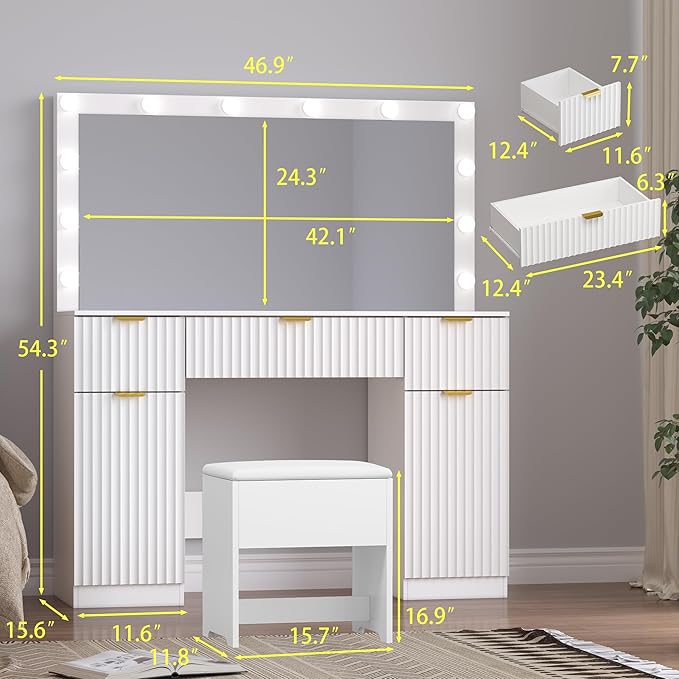 Fluted Makeup Vanity with Large Lighted Mirror and Chair, 7 Drawer Dressing Table with Power Outlet and USB, Elegant Vanity Desk with Cushioned Stool for Bedroom, Women, Girls