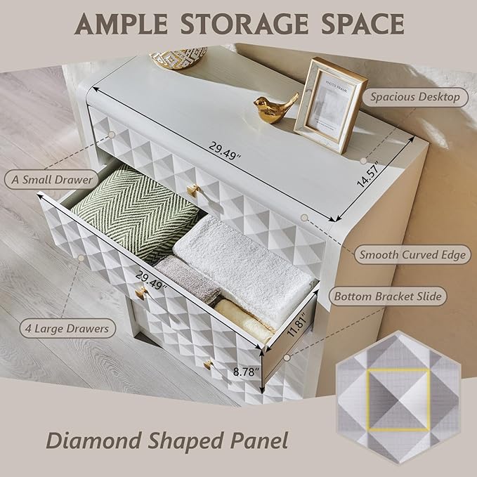 Modern 5 Drawer Dresser for Bedroom, Wooden Tall Dressers &Chests of Drawers w/Two Different Drawer Sizes, Mid Century Modern Dresser w/Diamond Panel Decorate for Bedroom, Curved Profile Design, White