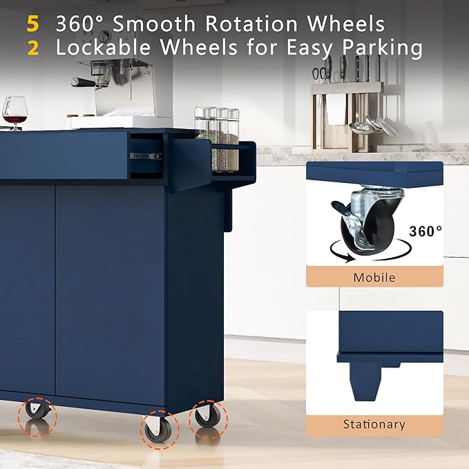 53.2'' Kitchen Island with Drop Leaf, Kitchen Storage Cart with Spice Rack, Towel Rack and 2 Drawers, Rolling Kitchen Island on Wheels with Adjustable Shelves for Kitchen, Dining Room, Navy Blue