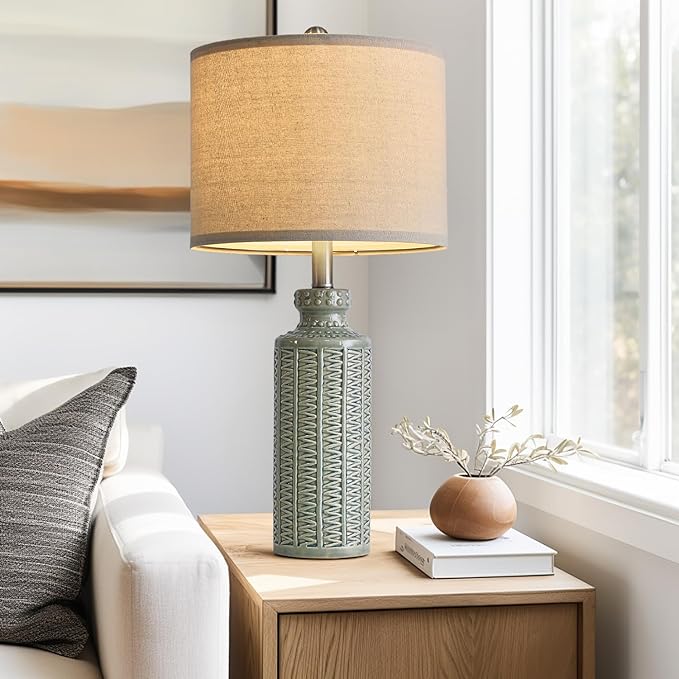 24.75'' Farmhouse Light-Green Ceramic Single Table Lamp for Bedroom Living Room Vintage Traditional Rustic Modern Nightstand Bedside Lamps