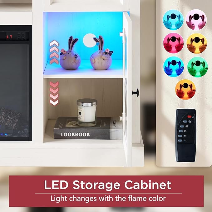 70" Farmhouse Heavy Fireplace TV Stand with 37" Electric Fireplace, TV Console Cabinet with Diamond Door for Living Room, Large LED Entertainment Center with Storage for 80" TVs, White