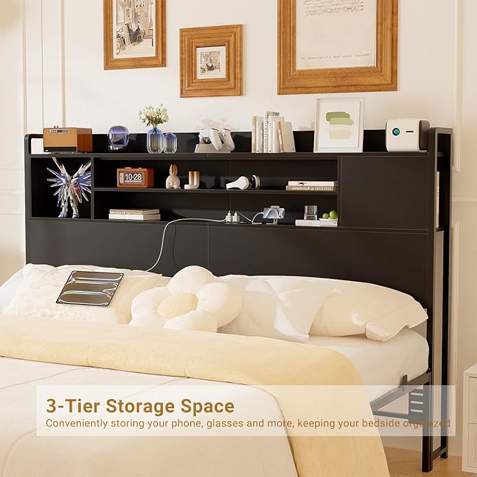 Unikito Headboard for Queen Size Bed, Bookcase Style Head Board with Power Outlet and RGB LED Light, Reversible Headboard with Storage, Height Adjustable, Sturdy and Stable, Queen Size, Black