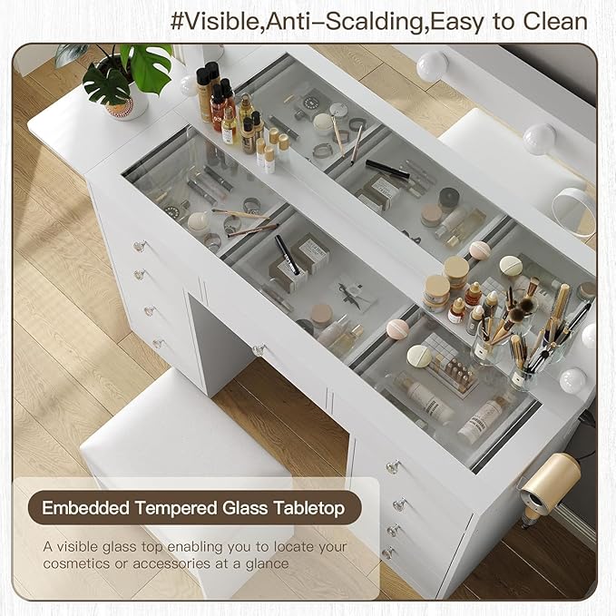 Vanity Desk with Power Outlet, 9 Drawers Makeup Vanity with Mirror and 12 LED Lights, 3 Lighting Modes, Glass Top Vanity Set, Fold-up Panel, Dressing Table for Bedroom