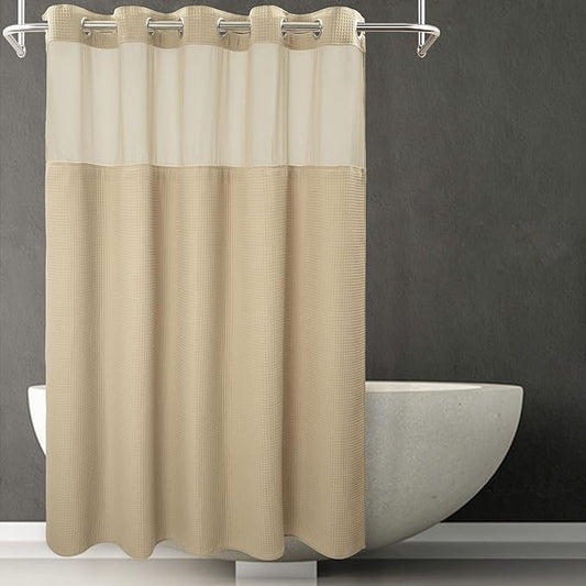 River Dream Linen Fabric Shower Curtain Set, Cotton Blend, Waffle Weave, with Snap in Replacement Liner，71 x 74 inches