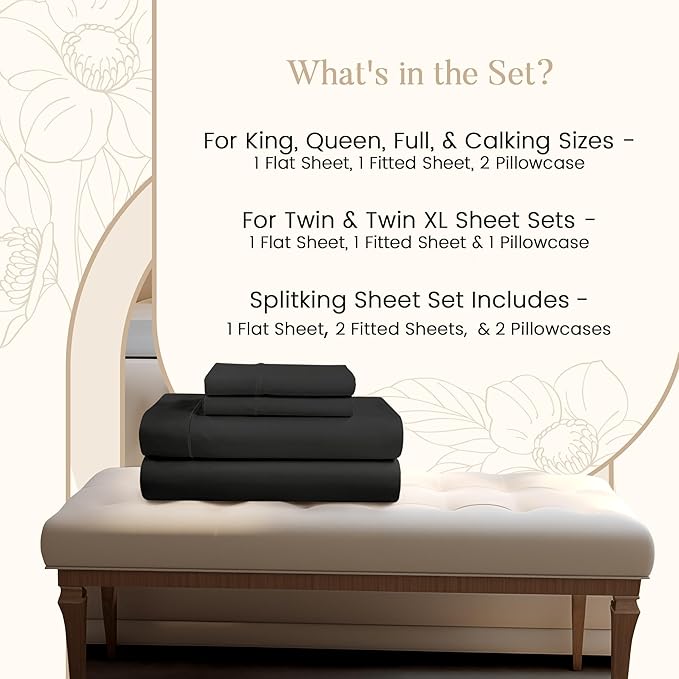 Egyptian Cotton King Size Sheet Set, 800 Thread Count Sateen Weave Hotel Collection King Sheets Deep Pockets, Soft & Comfy Cotton Bed Sheets Fits Upto 17", No Pill & Shrink - Black