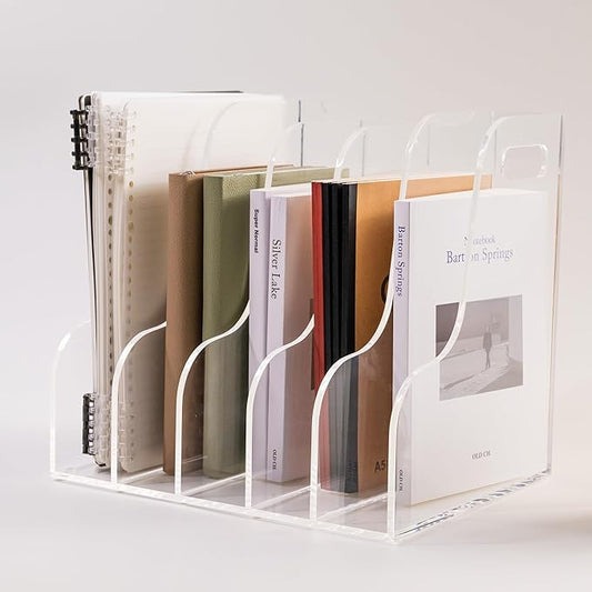 5 Vertical Compartments File Holder, Clear Acrylic Desk Organizer and Storage Bins Holding for Magazines, Binders, Notebooks, Envelopes, Multi-purpose Document Organizer for Home Office