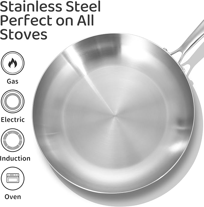 LOLYKITCH 8.5-12 Inch Tri-ply Stainless Steel Frying Pan Set,Skillets,Chef's Pan,Induction Cookware,Dishwasher and Oven Safe,Detachable Handle.