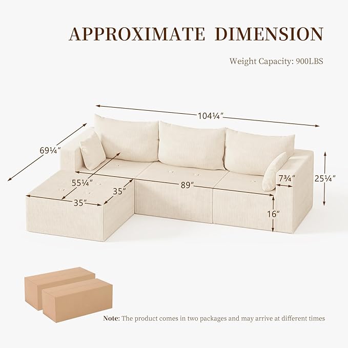 105" Cloud Sectional Sofa, L-Shape Sectional Couch, Modern Corduroy Sofa with Chaise Lounge, No-Assembly Required, Deep Seat Modular Cloud Couch for Living Room, Apartment, Beige
