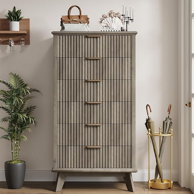 QUW Fluted 6 Drawer Dresser for Bedroom, Modern Tall Chest of Drawers with Metal Handle, Large Wood Storage Chest Organizer Accent Storage Cabinet for Living Room, Hallway, Entryway, Grey