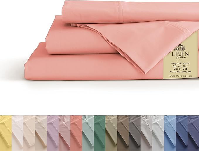 Linen Home 100% Cotton Percale Sheets Queen Size, English Rose, Deep Pocket, 4 Pieces Set - 1 Flat, 1 Deep Pocket Fitted Sheet and 2 Pillowcases, Crisp Cool and Strong Bed Linen