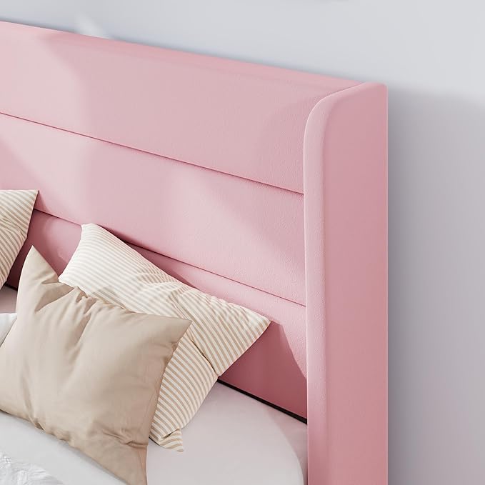 SHA CERLIN Full Size Velvet Bed Frame/Vertical Channel Tufted Wingback Headboard/Upholstered Platform Bed with Wooden Slats/Mattress Foundation/No Box Spring Needed/Easy Assembly/Pink
