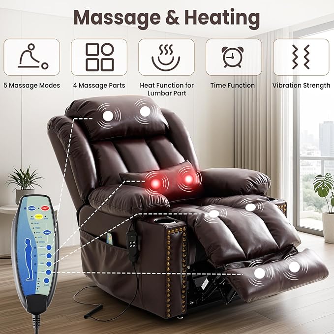 PARKOL Large Genuine Infinite Position Leather Power Lay Flat Lift Studded Recliner Chairs for Elderly, Dual Motor with Massage and Heating,Extended Footrest, USB&Type-C Port Remote,Cup Holder,Brown