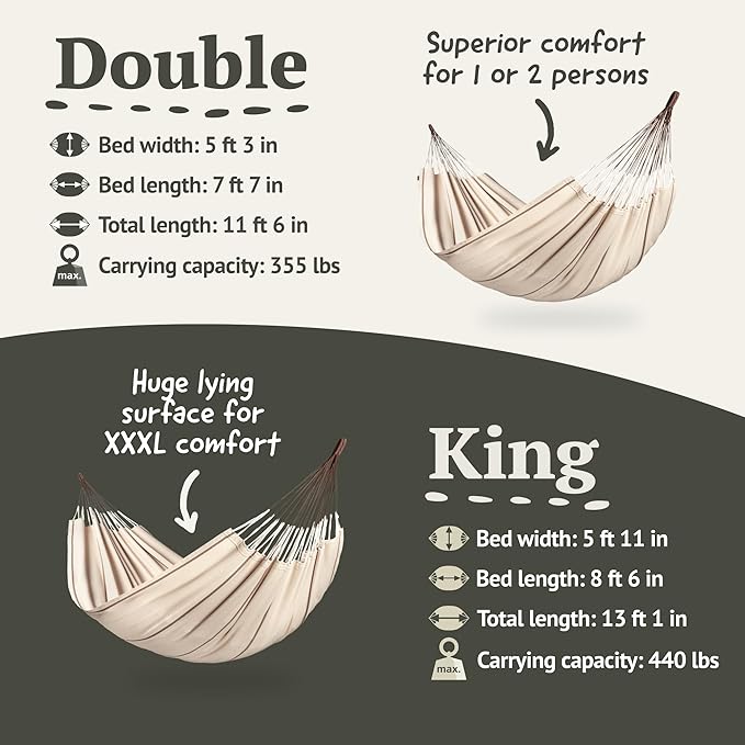 LA SIESTA Modesta Organic Cotton Hammock - Indoor Outdoor, Bedroom Backyard Porch Patio Tree - Extra Large Fabric Bed, 2 Person - Max 440 Lbs, King, Nougat