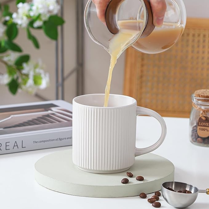 Coffee Mugs Set of 4, 12 OZ Ceramic Coffee Mugs with Handle, Vertical Stripes Coffee Cups Set for Latte/Tea/Cocoa/Milk, Microwave and Diahwasher Safe (White)