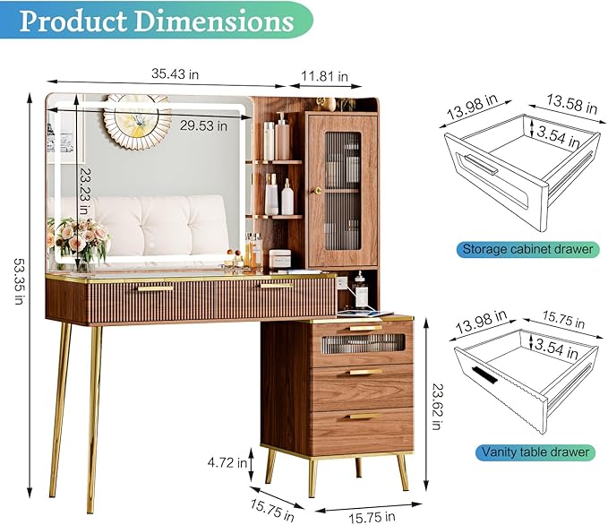 Vanity Desk with 29.53" HD Lighted Mirror, 47.24" Big Modern Vanity Desk with Mirror and Lights, Makeup Vanity with 5 Drawers and Storage Shelves and Charging Station, Walnut1