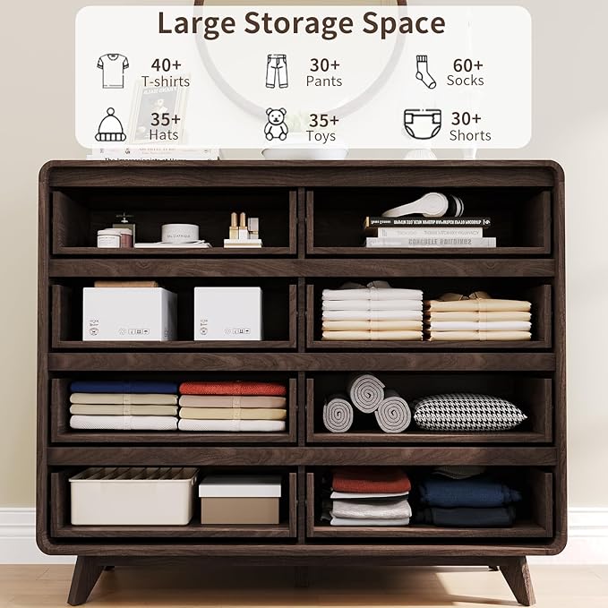 Fluted Dresser for Bedroom, Wide 8 Drawers Dresser, Chests of Drawers with Grille & Curved Design, Dressers Slides Pre-Installed, Large Wood Drawer Organizer for Bedroom Hallway, Dark Walnut