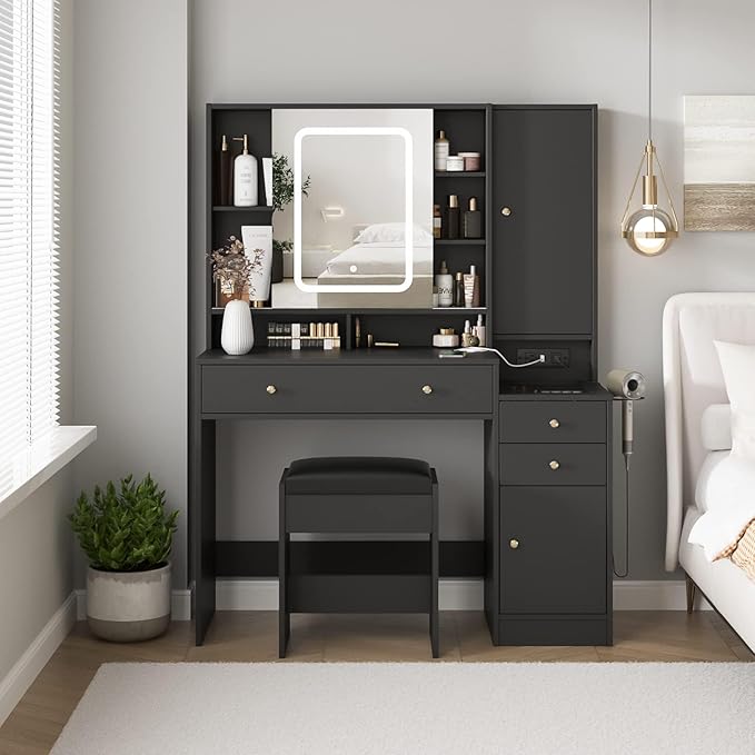 Vabches Vanity Desk with Mirror and Lights, Vanity Table Makeup Vanity with Lights 3 Drawers and Cabinets, Charging Station & Sliding Door, Lots Storage Shelves