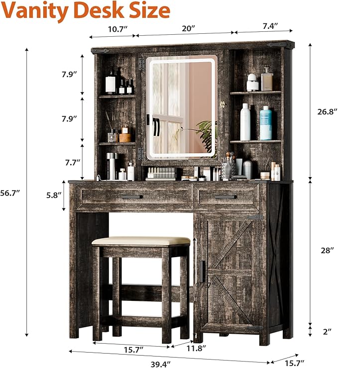 Makeup Vanity, Farmhouse Vanity with Mirror & Generous Clear Glass Countertop, 40'' Intelligent Makeup Desk with Multi-Functional Charging Station & Human Body Sensing LED Lights, Brown