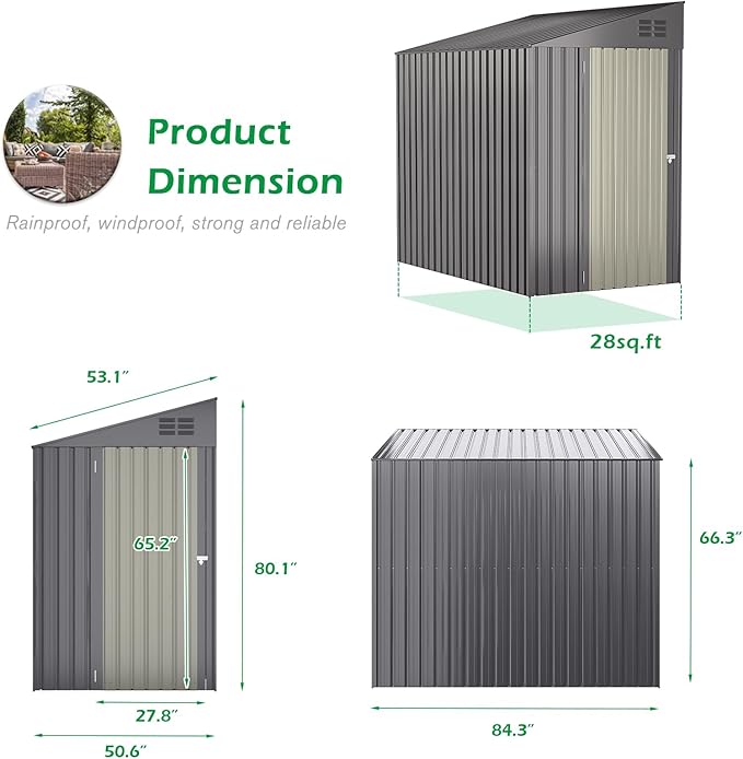 AECOJOY 4' x 6' Lean to Shed, Small Metal Outdoor Storage Shed, Wall Side Sheds & Outdoor Storage Cabinet Clearance, Bike Shed for Garden, Backyard and Outdoor Use in Dark Grey