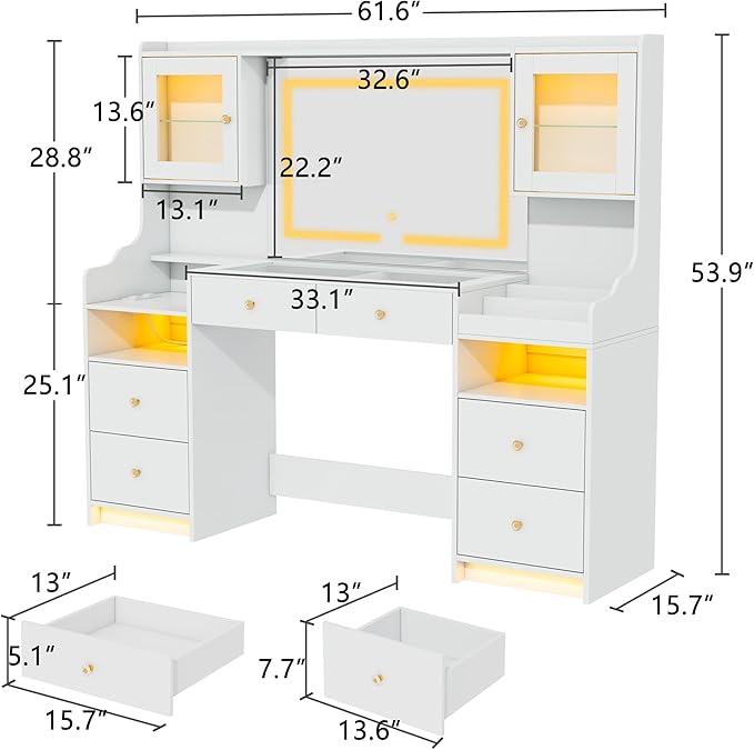 62" Large White Vanity Desk with Power Outlet, Makeup Vanity with Mirror and LED Lights, One Piece Controls 3 Lighting Modes, 4 Drawers Vanity with 2 Cabinets and Glass Top for Women, Girls