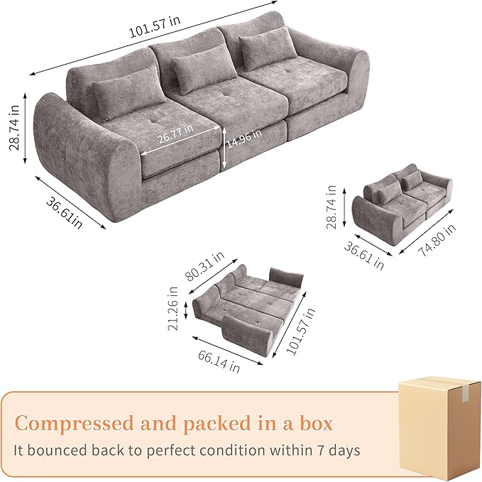 MAXMAXX 102" Modular Sectional Cloud Sofa,4-in-1 Folding Convertible Sofa Bed, Floor Boneless Couch, Modular Cushion Couch,Suitable for Living Room,Bedroom and Recreation Room (Gray)