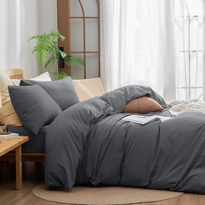 BESTOUCH Duvet Cover Set 100% Washed Cotton Linen Feel Super Soft Comfortable Chic Lightweight 3 PCs Home Bedding Set Solid Quiet Shade Grey Super King