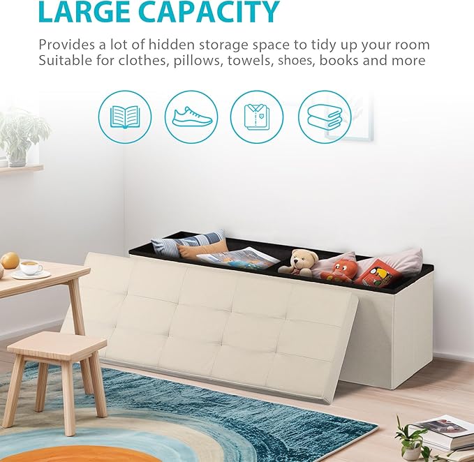 SUPER DEAL Storage Ottoman Bench, 43 Inches Folding Ottoman Foot Rest, Storage Chest with Padded Seat, End of Bed Bench for Living Room Bedroom Entryway, Load 660 lbs, 15" x 43" x 15" Beige