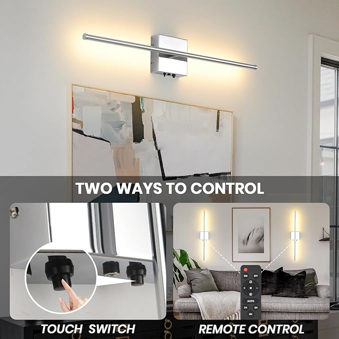 LED Wireless Battery Operated Wall Sconces, 11000mAh Rechargeable Chrome Wall Lights with Remote Control, 350°Rotate Dimmable Wall Lamp, 3 Color Temperatures, for Bedroom Living Room Hallway, 2 PCS