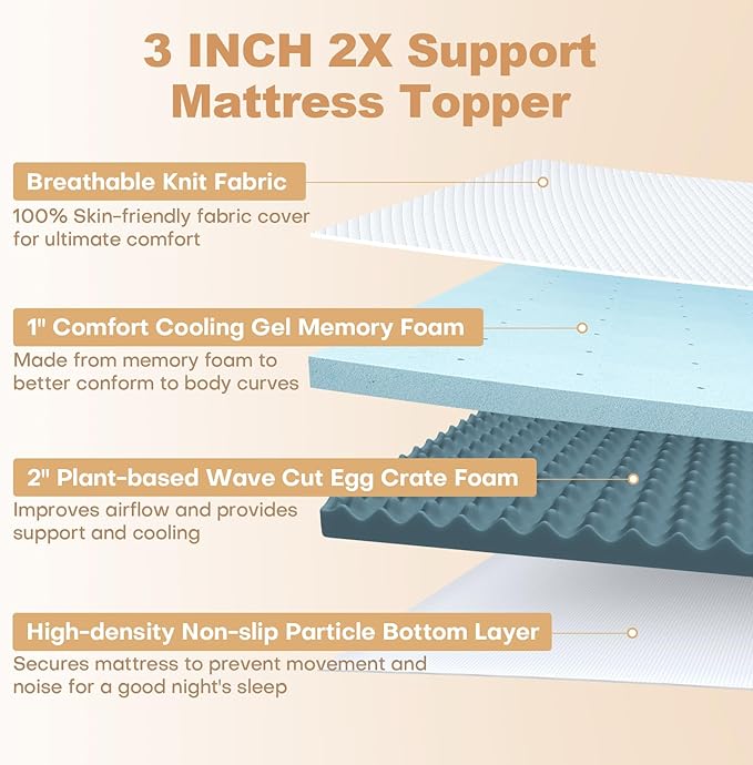 3 Inch Memory Foam Mattress Topper Queen Size, 2 Inch Cooling Egg Crate Gel Memory Foam Plus 1 Inch High Density Gel Bed Topper