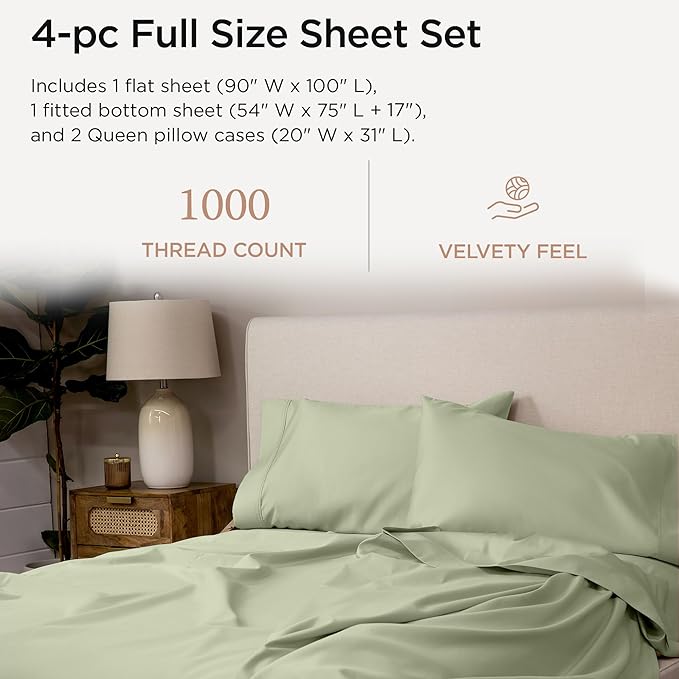 Threadmill Luxury Supima Cotton Sheets, Luxury 1000 Thread Count Soft 100% Cotton Sheets for Full Size Bed, 4 Pc Sage Green Bed Sheets Full Set, 5-Star Hotel Quality Deep Pocket Bed Sheets Set