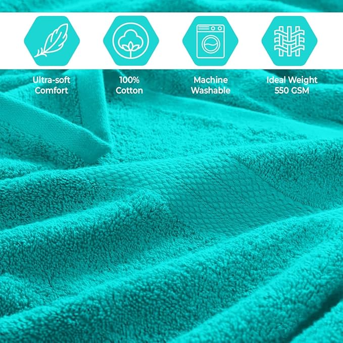 Pack of 8 Towels Set, 2 Large Bath Towels, 2 Hand Towels, 4 Wash Cloths, 100% Cotton, Lighter Weight, Quicker to Dry, Super Absorbent, Perfect for Bathroom (Aqua)