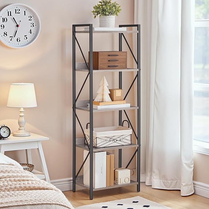 HOOBRO Bookshelf, 5-Tier Industrial Bookcase, Book Shelf Storage Organizer, Tall Bookshelf with Metal Frame for Living Room, Bedroom, Home Office, Kitchen, Greige and Black BG73SJ01