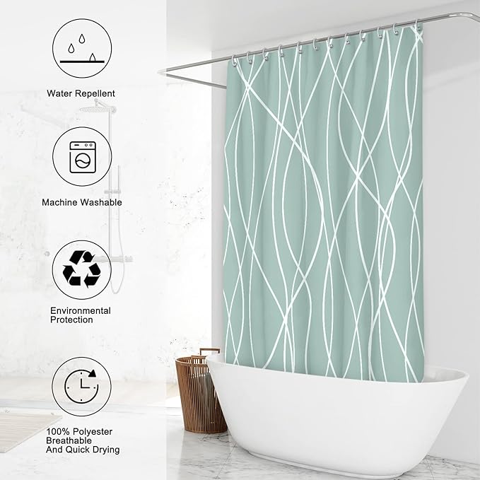 Punkray Light Green Shower Curtain for Bathroom with Hooks Shower Curtain Set, White Stripe Bath Curtains Decorative Shower Curtains Water Repellent Washable, 72 x 72