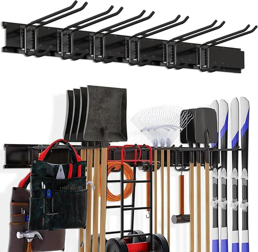Garage Organization, Garage Tool Organizer Wall Mount with 48 inches Rails and 6 Double-layer Hooks, Tool Organizer Rack For Yard Tools, Shovel, Chair, Snowborad