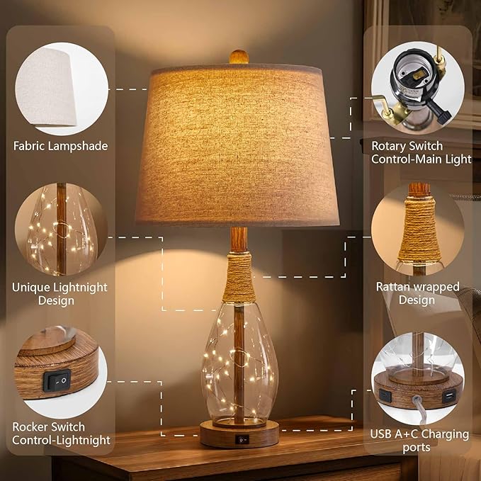 OYEARS Table Lamp Sets of 2,Lamps for Living Room,Bedside Lamps with USB A+C and Nightlight,Retro Farmhouse Rattan Glass,for Bedroom Living Room Bedroom,Two Light Points,23"