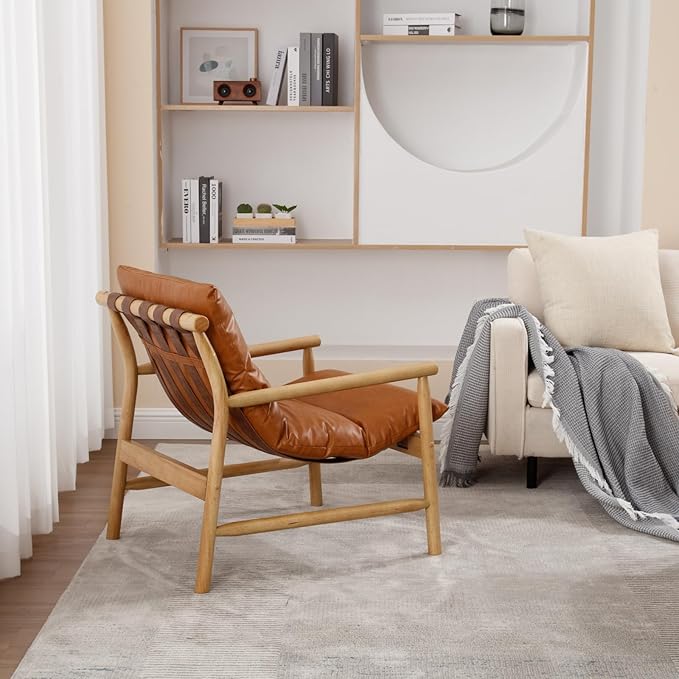 Faux Leather Accent Chair Set of 2 - Solid Wood Lounge Chair with Removable Cushion, Modern Low Back Armchair Reading Chair for Living Room/Bedroom/Balcony, Brown Sofa Chair (Easy Assembly)