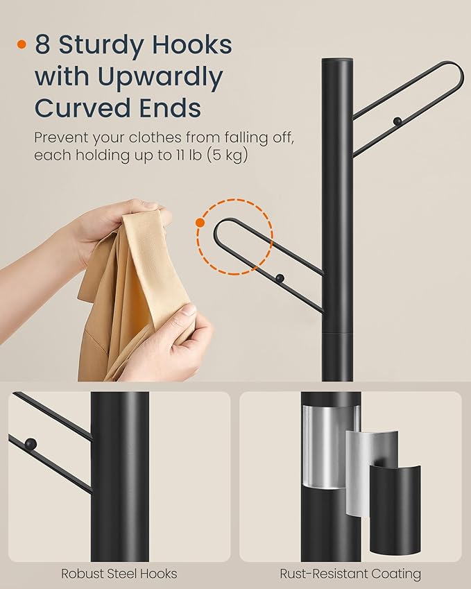 SONGMICS HOME Tree-Shaped Coat Rack, Freestanding, Stand with 8 Sturdy Hooks, with Curved Edges, 69 Inches Tall, for Clothes, Hats, Bags, Ink Black URCR037B01