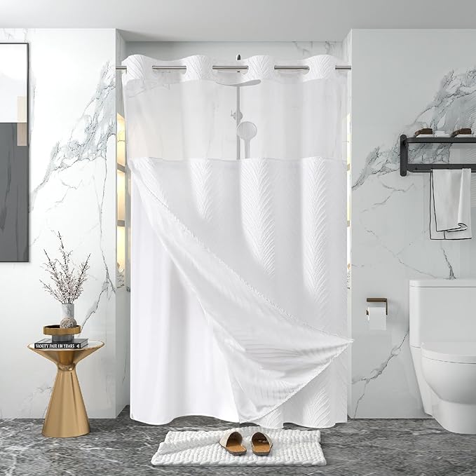stall no Hook Tufted Shower Curtain with snap in Liner Set, White Waterproof Fabric Inner Liner,Boho Style Shower Curtain with See Through top Window, White, 54Wx80H