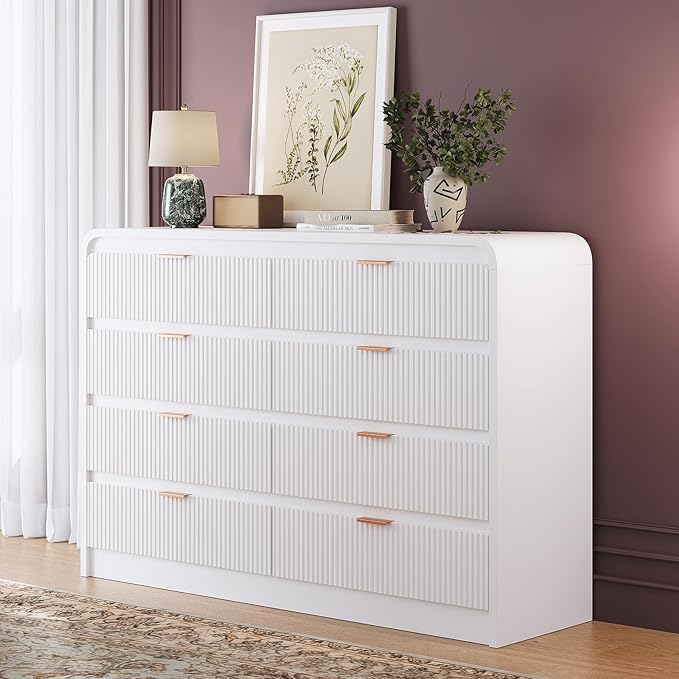 FURSUN Fluted 8 Drawers Dresser for Bedroom, 55" Wide Wooden Dresser with Metal Handle, Curved Profile Design, Modern Storage Organizer for Living Room, Hallway (White)