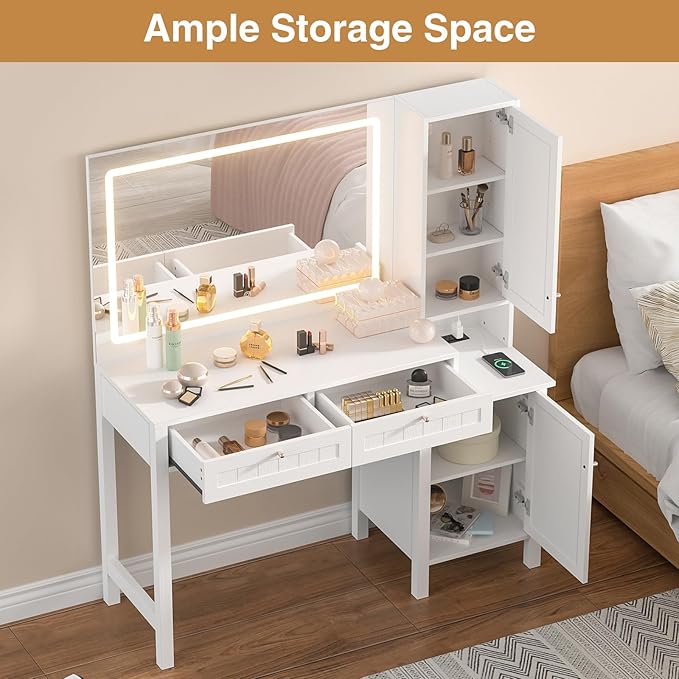 Anmytek Makeup Vanity Desk with Mirror and Lights, Dressing Table with 2 Large Drawer & 2 Storage Cabinet,Vanity Desk with Power Strip, 36" Mirror with 3 Lighting Modes, Suitable for Bedroom, White