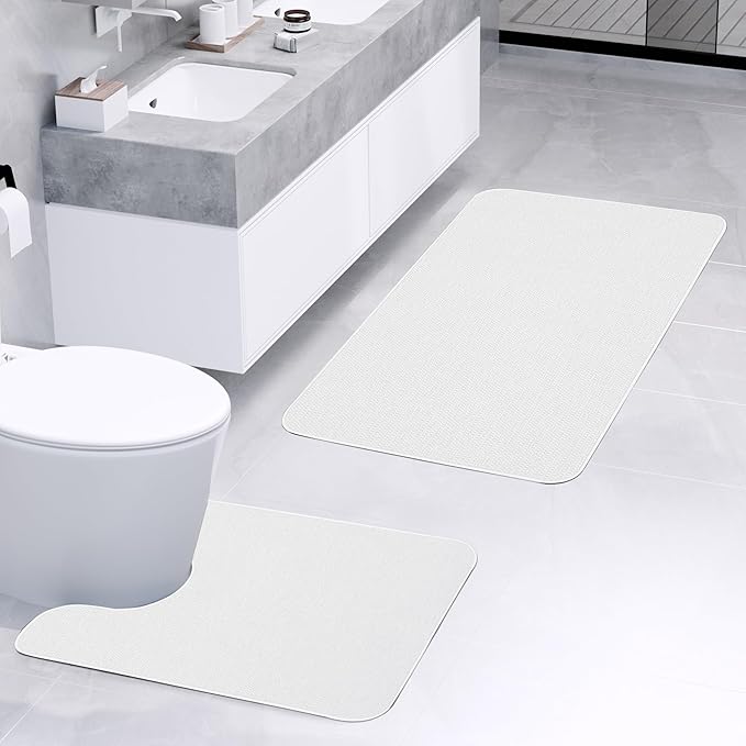 Bathroom Rugs Set 2 Pieces,Thin Bathroom Mats,Toilet Rugs,Quick Dry,Non-Slip,Machine Washable,Low Pile,Absorbent Bath Mats,Shower,Sink,Home Decor Accessories.White,1'5"x2'3"+1'8"x2" U Shape