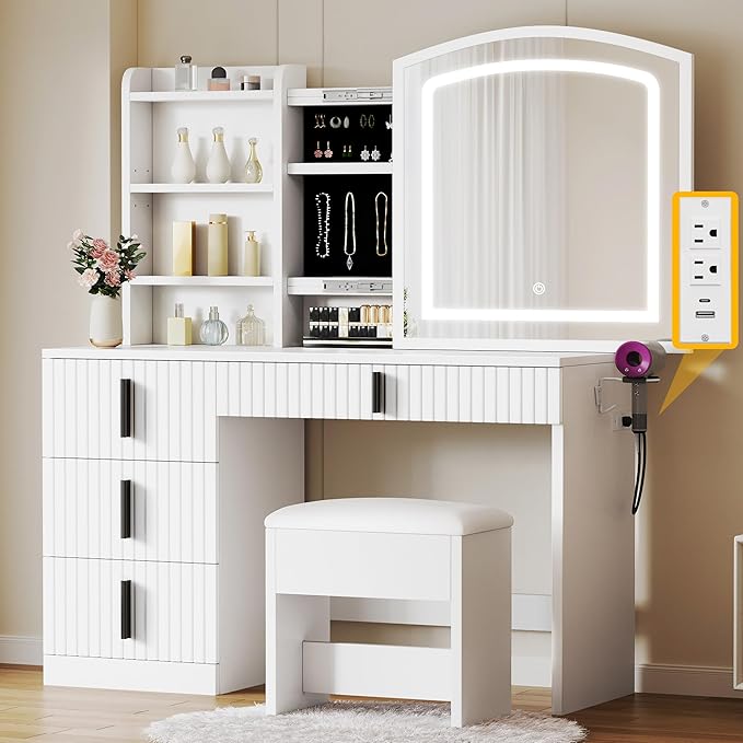 YITAHOME Fluted Makeup Vanity Desk with Mirror & Power Outlet, Vanity Table Set with Hidden Storage, Makeup Desk with 4 Drawers, 3-Color LED Lighted Dressing Table with Storage Cushion Stool, White