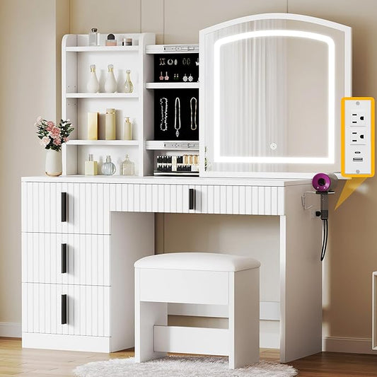 YITAHOME Fluted Makeup Vanity Desk with Mirror & Power Outlet, Vanity Table Set with Hidden Storage, Makeup Desk with 4 Drawers, 3-Color LED Lighted Dressing Table with Storage Cushion Stool, White