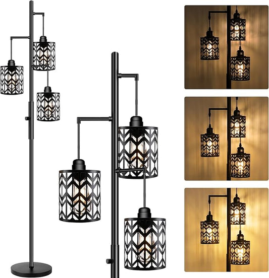 ROTTOGOON Dimmable Floor Lamp, Industrial Standing Floor lamp for Living Room, Tall Farmhouse Rustic lamp with 3 LED Bulbs, Tree Floor Lamp for Bedrooms, Living Room, Home Office, Metal, Black, 68"