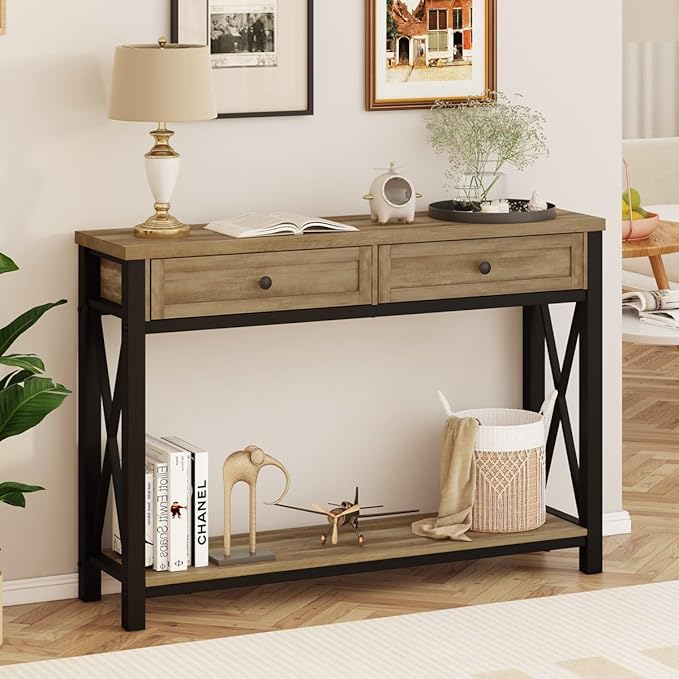 BON AUGURE Entryway Table with Drawers, Sofa Table with Storage, Couch Tables Behind Sofa for Living Room, Foyer Tables for Hallway, Entry, Front Door (Vintage Oak, 47 Inch)